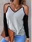 baratos Tops básicos de mulher-Camiseta Mulheres Cinzento Bloco de cor Com Corte Ombro frio Rua Diário Moda Decote V S