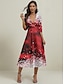 cheap Party Dresses-Women&#039;s Party Dress Cocktail Dress Wedding Guest Dress Polyester Pocket Print Deep V 3/4 Length Sleeve Ombre Midi Dress Christmas Wedding Guest Wine Rusty Red Spring Fall