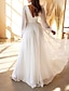 abordables Vestidos de novia-Recepción pequeños vestidos blancos vestidos de novia simples una línea cuello en v manga larga hasta el suelo vestidos de novia de gasa con pliegues