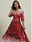 cheap Party Dresses-Women&#039;s Party Dress Cocktail Dress Wedding Guest Dress Polyester Pocket Print Deep V 3/4 Length Sleeve Ombre Midi Dress Christmas Wedding Guest Wine Rusty Red Spring Fall