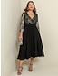 cheap Plus Size Party Dresses-Women‘s Black Dress Prom Dress Black Lace Dress Plus Size Curve Party Dress Swing Dress Floral Long Dress Maxi Dress 3/4 Length Sleeve Patchwork V Neck Wedding Guest Dress