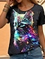 baratos T-Shirts de mulher-Mulheres Camiseta Gato 3D Imprimir Diário Final de semana Moda Engraçado Manga Curta Decote Redondo Preto Verão