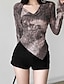 olcso Női pólók-Női Póló Batikolt Hétköznapi Napi Divat Modern Hosszú ujj V-alakú Barna Tavasz &amp; Ősz