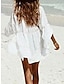cheap Plain Dresses-Women&#039;s White Dress Mini Dress Cotton Ruffle Button Vacation Beach Streetwear Shirt Collar Long Sleeve White Color