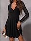 Χαμηλού Κόστους Πάρτι Φορέματα-Γυναικεία Μαύρο φόρεμα Φόρεμα για πάρτυ Κοκτέιλ Φόρεμα Σουρωτά Δίχτυ Λαιμόκοψη V Μακρυμάνικο Μίνι φόρεμα Γενέθλια Διακοπές Μαύρο Κρασί Άνοιξη Χειμώνας
