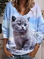 cheap Women&#039;s Hoodies &amp; Sweatshirts-Women&#039;s T shirt Tee Animal Cat Print Daily Weekend Fashion Funny Long Sleeve V Neck Yellow Spring &amp;  Fall