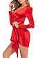 preiswerte abendkleider-Damen Paillettenkleid abendkleider Cocktailkleid Rüschen V Ausschnitt Langarm Minikleid Urlaub Elegant Rote Blau Sommer Frühling