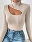 cheap Basic Women&#039;s Tops-T shirt Tee Women&#039;s Black Beige Plain Cut Out Daily Fashion High Neck Slim S