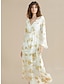 cheap Print Casual Dress-Chiffon Gold Foil Floral Print V Neck Midi Dress