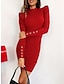 halpa yksinkertaiset mekot-Naisten Rento mekko Mini mekko nappi Ystävänpäivä Deitti Loma Punainen ystävänpäivämekko Tyylikäs Pyöreä kaula-aukko Pitkähihainen Musta Rubiini Väri