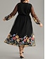 Χαμηλού Κόστους Plus Size Casual Φορέματα-Γυναικεία Μεγάλα Μεγέθη Καμπύλη Μαύρο φόρεμα Καθημερινό φόρεμα Φόρεμα ριχτό από τη μέση και κάτω Φλοράλ Μίντι φόρεμα Μακρυμάνικο Δίχτυ Κουρελού Λαιμόκοψη V Μοντέρνα Καθημερινά Μαύρο Φθινόπωρο Χειμώνας