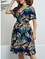 cheap Plus Size Casual Dresses-Women&#039;s Plus Size Curve Casual Dress A Line Dress Leaf Midi Dress Short Sleeve Print V Neck Fashion Daily Blue Summer XL 2XL 3XL 4XL
