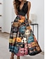Χαμηλού Κόστους Print Φορέματα-Γυναικεία Καθημερινό φόρεμα Φόρεμα σε γραμμή Α Ζώο Γάτα Στάμπα Λαιμόκοψη V Μακρύ Φόρεμα Μάξι Φόρεμα Ημερομηνία Διακοπές Αμάνικο Καλοκαίρι Άνοιξη