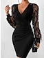 זול שמלות מסיבה-בגדי ריקוד נשים שמלה שחורה השמלה המפלגה שמלת קוקטייל Ruched צווארון V שרוול ארוך שמלת מיני יום הולדת חופשה שחור פול אביב חורף