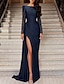 cheap Evening Dresses-Mermaid / Trumpet Evening Gown Elegant Dress Wedding Guest Black Tie Sweep / Brush Train Long Sleeve Jewel Neck Satin with Ruched Slit 2024