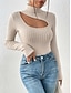 cheap Basic Women&#039;s Tops-T shirt Tee Women&#039;s Black Beige Plain Cut Out Daily Fashion High Neck Slim S