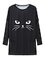זול טישרטים לנשים-בגדי ריקוד נשים חולצה קצרה חתול כיס דפוס יומי סוף שבוע מצחיק שרוול ארוך צווארון עגול שחור סתיו חורף