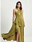 Χαμηλού Κόστους φόρεμα για πάρτι-γυναικείο μάξι κοκτέιλ φόρεμα σατέν πράσινο halter λαιμόκοψη μπροστινό σκίσιμο ασύμμετρο βολάν