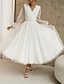 cheap Wedding Dresses-Beach Little White Dresses Wedding Dresses A-Line V Neck Long Sleeve Tea Length Sequined Bridal Gowns With Beading Solid Color 2024