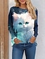 billiga T-shirts för damer-Dam T-shirt Katt 3D Dagligen Helgen Mönster Ljusgrön Långärmad Mode Rolig Rund hals Vår &amp; Höst
