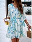 billige Uformelle blomsterkjoler-fritidskjole for kvinner med blomstret blondetrykk v-hals minikjole boho ferie 3/4-ermet sommer