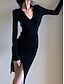 cheap Plain Dresses-Women&#039;s Knit Dress Midi Dress Split Sexy Split Thigh Lapel Long Sleeve Black Rose Red Color