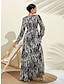 billige Kjoler med trykt mønster-neva svart og hvitt flekket trykk boble sateng v-hals langermet swing maxi kjole