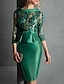 cheap Cocktail Dresses-Sheath Cocktail Dresses Floral Dress Red Green Dress Engagement Knee Length 3/4 Length Sleeve Jewel Neck Fall Wedding Guest Satin with Buttons Appliques 2024