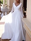זול שמלות כלה-יום יומי שמלות חתונה גזרת A צווארון V שרוול ארוך עד הריצפה שיפון שמלות כלה עם קפלים צבע אחיד 2024