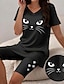 cheap Women&#039;s Two Piece Sets-Women&#039;s T shirt Tee Shorts Sets Cat Casual Daily Print Black Short Sleeve Fashion V Neck Summer