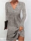 preiswerte schlichte Kleider-Damen abendkleider Cocktailkleid Glanz V Ausschnitt Langarm Minikleid Urlaub Elegant Silber Frühling Winter