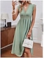 cheap Plain Dresses-Women&#039;s A Line Dress Plain Dress Midi Dress Zipper Eyelet Elegant Hawaiian V Neck Short Sleeve Green Color
