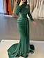 cheap Evening Dresses-Mermaid / Trumpet Evening Gown Sliver Elegant Dress Formal Sweep / Brush Train Long Sleeve High Neck Satin with Pearls Sequin 2024