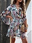 billige Uformelle blomsterkjoler-fritidskjole for kvinner med blomstret blondetrykk v-hals minikjole boho ferie 3/4-ermet sommer