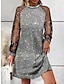 billige almindelige kjoler-Dame Hverdagskjole Mini kjole Net Patchwork Stævnemøde Gade Metallisk Rund hals Langærmet Sølv Farve