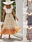 cheap Maxi Skirts-Women&#039;s Skirt A Line Swing Bohemia Maxi High Waist Skirts Ruffle Floral Print Floral Holiday Vacation Summer Rayon Casual Boho Red Orange Dark Blue Beige
