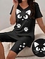 ieftine Costume din Două Piese-Pentru femei Tricou Seturi de pantaloni scurți Pisica Imprimeu Casul / Zilnic Modă Manșon scurt În V Negru Vară