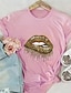 baratos T-Shirts de mulher-Mulheres Camiseta Leopardo Lábio Diário Final de semana Imprimir Preto Manga Curta Moda Decote Redondo Primavera Verão