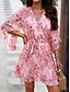 billige Uformelle blomsterkjoler-fritidskjole for kvinner med blomstret blondetrykk v-hals minikjole boho ferie 3/4-ermet sommer