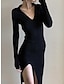 cheap Plain Dresses-Women&#039;s Knit Dress Midi Dress Split Sexy Split Thigh Lapel Long Sleeve Black Rose Red Color