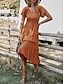Недорогие простые платья-Жен. Повседневное платье Платье средней длины Хлопок Оборки кнопка Отпуск Классический V-образный вырез С короткими рукавами Черный Синий Оранжевый Цвет