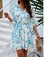 billige Uformelle blomsterkjoler-fritidskjole for kvinner med blomstret blondetrykk v-hals minikjole boho ferie 3/4-ermet sommer