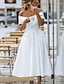 cheap Wedding Dresses-Simple Wedding Dresses Satin Little White Dresses A-Line Off Shoulder Formal Short Sleeve Tea Length Bridal Gowns With Solid Color 2024
