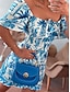 preiswerte Bedruckte Kleider-Damen A Linie Kleid Blumen Gerafft Quadratischer Ausschnitt Minikleid Hawaiianisch Party Kurzarm Sommer