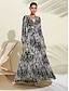 billige Kjoler med trykt mønster-neva svart og hvitt flekket trykk boble sateng v-hals langermet swing maxi kjole