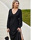 cheap Plain Dresses-Women&#039;s Black Dress Long Dress Maxi Dress Modal Split Thigh Work Daily Date Elegant Fashion V Neck Long Sleeve Black Color