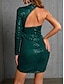 Χαμηλού Κόστους Πάρτι Φορέματα-Γυναικεία Φόρεμα με παγιέτες Φόρεμα για πάρτυ Κοκτέιλ Φόρεμα Πούλιες Σουρωτά Ένας Ώμος Μακρυμάνικο Μίνι φόρεμα Γενέθλια Διακοπές Σκούρο πράσινο Καλοκαίρι Άνοιξη