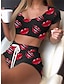 cheap Women&#039;s Sleepwear-Women&#039;s Pajamas Sets Lip Color Combo Casual Comfort Soft Home Daily Bed Polyester Breathable Crew Neck Short Sleeve Crop Top Shorts Summer Spring Black White
