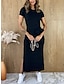 cheap Plain Dresses-Women&#039;s Plain Dress Midi Dress Split Vacation Elegant Round Neck Short Sleeve Black Color