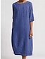 ieftine proiectează rochii din bumbac și in-Pentru femei Rochie casual Rochie din Bumbac Rochii Midi In De Bază De Bază Zilnic Stil Nautic Manșon Jumate Vară Primăvară Albastru Deschis Negru Simplu